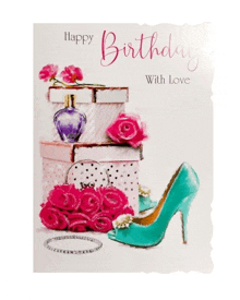 a birthday card says happy birthday with love and has a picture of high heels