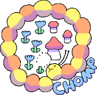 a cartoon drawing of a worm surrounded by mushrooms and flowers with the word choke written below it