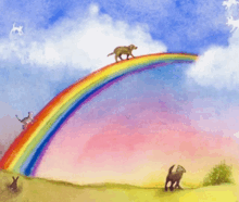 a painting of a dog standing on top of a rainbow with other animals