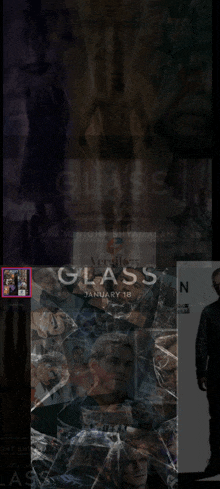 a poster for a movie called glass shows a man in a black jacket