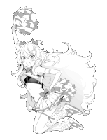 a black and white drawing of a girl in a cheerleader outfit holding a pom pom .