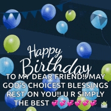 a birthday card with balloons and the words happy birthday to my dear friend may god 's choicest blessings rest on you !!