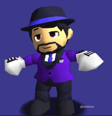 a 3d model of a man wearing a purple suit and hat