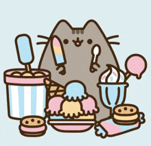 a cartoon cat is surrounded by ice cream and candy