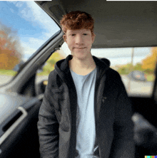 a young man with red hair is sitting in a car and smiling