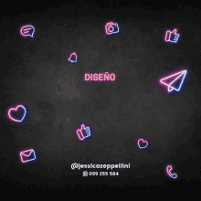 a black background with pink and blue neon icons and the word diseno