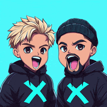 two cartoon characters wearing black hoodies with a blue cross on them