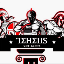 a logo for a supplements company with a spartan holding a barbell