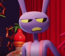 a purple rabbit with yellow eyes is making a funny face .