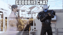 a man in a superhero costume is standing in front of a building with the words goodbye chat above him