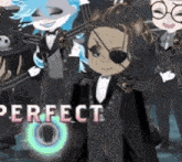 a group of cartoon characters are standing next to each other with the word perfect in the corner