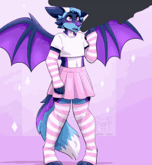 a drawing of a furry with purple wings and a pink skirt