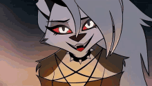 a close up of a cartoon character with red eyes and spikes on her neck