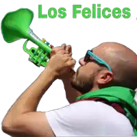 a man blowing a green trumpet with the words los felices written above him