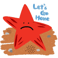 a red star with a sad face and the words let 's go home below it