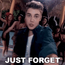 justin bieber is singing in front of a group of women and the words just forget are below him