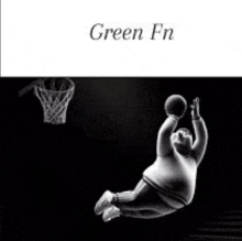 a black and white photo of a man playing basketball with the words green fn on the top