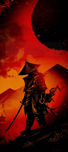 a samurai holding a sword in front of a red sky