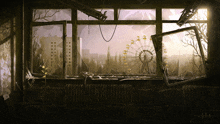 a ferris wheel is visible through a broken window in a dark room