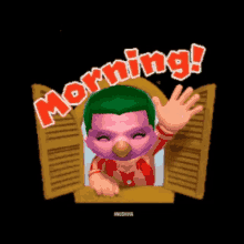 a cartoon character is waving from a window with the words morning written on it