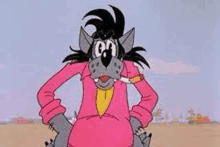 a cartoon wolf is wearing a pink jacket and holding a knife in his mouth .