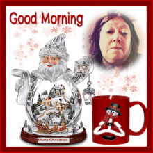 a christmas greeting card with a picture of santa and a mug that says merry christmas on it