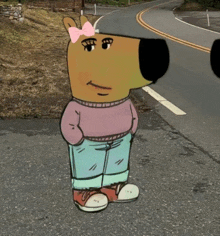 a cartoon character with a pink bow on her head is standing on a road