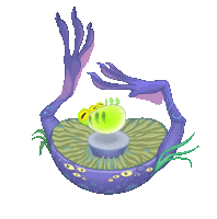 a cartoon drawing of a purple and green creature with a green egg in the middle