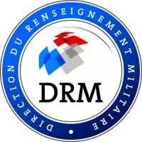 a blue and white logo that says drm in the middle