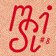 a red letter m is on a patterned background with the number 8