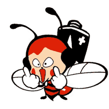 a cartoon bee is giving the middle finger and has a first aid kit on its back