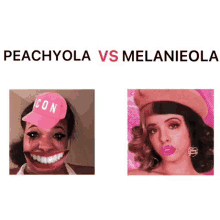 a woman wearing a pink hat and a beret is smiling next to a picture of melanieola .