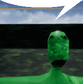 a pixel art of a green alien with a speech bubble above it