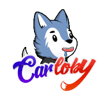 a cartoon drawing of a husky with braces on its teeth and the word carloby below it