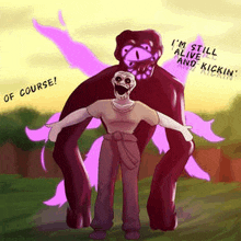 a drawing of a man standing next to a monster with purple eyes .