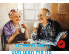 a painting of an elderly couple sitting at a table drinking coffee and reading a newspaper