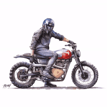 a painting of a man riding a motorcycle with a bell helmet on it