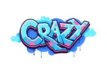 the word crazy is written in blue and pink graffiti