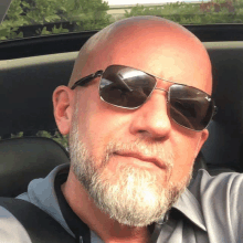 a bald man with a beard wearing sunglasses looks at the camera