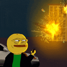 a cartoon character is holding a cell phone in front of a building that is on fire