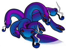 a purple and blue snake with red eyes and smoke coming out of it 's mouth