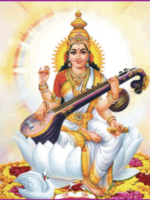 a painting of a woman sitting on a lotus flower playing a musical instrument