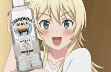 a blonde anime girl is holding a bottle of zubrowka vodka