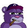 a purple teddy bear is smoking a cigar and wearing a baseball cap .