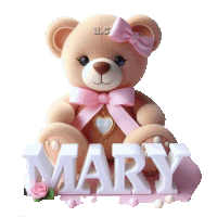 a teddy bear with a pink bow and the name mary