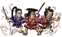 a cartoon of three samurai holding swords with a white background