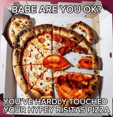 a pizza in a box that says babe are you ok on it