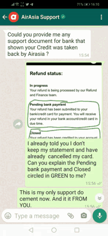 a screenshot of airasia support asking if they can provide me any support document for bank that shown your credit was taken back by airasia