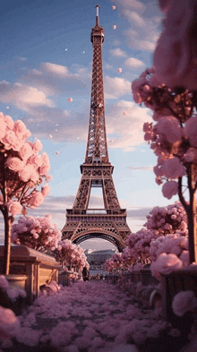 the eiffel tower is surrounded by pink flowers and balloons