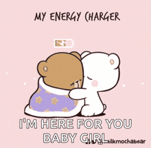 a cartoon of two teddy bears hugging with the words " my energy charger i 'm here for you baby girl " below them